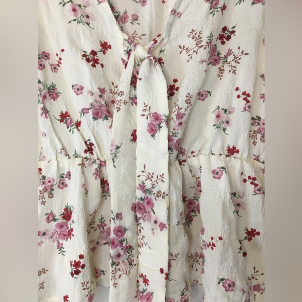 Floral Tie-Front Blouse - Cream and Pink - Picture 10 of 16